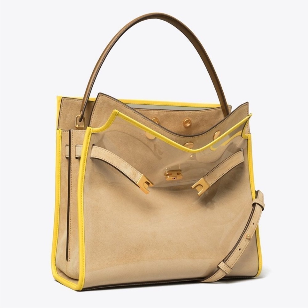 Tory Burch Lee Radziwill Raincoat Double Leather Bag Satchel Beige Yellow Bag - Picture 5 of 17